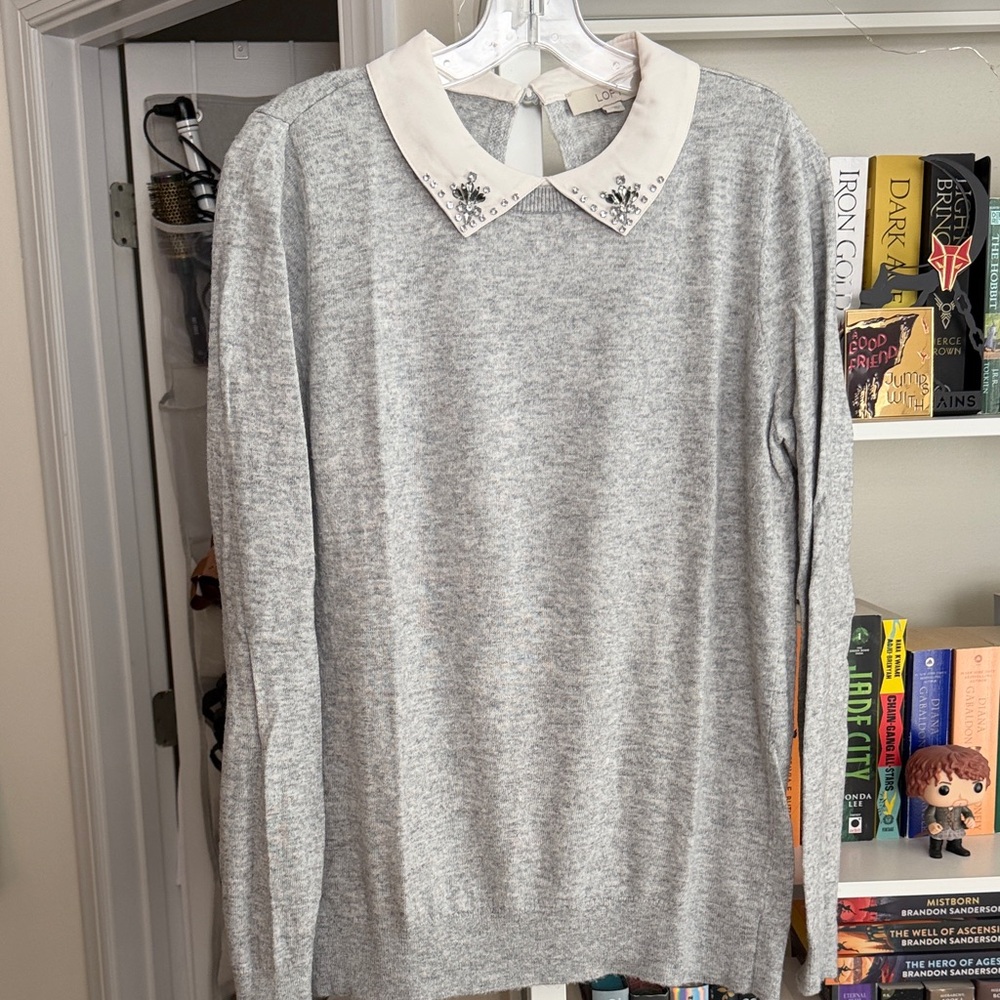 Loft Gray Sweater with Embellished White Peter Pan Collar